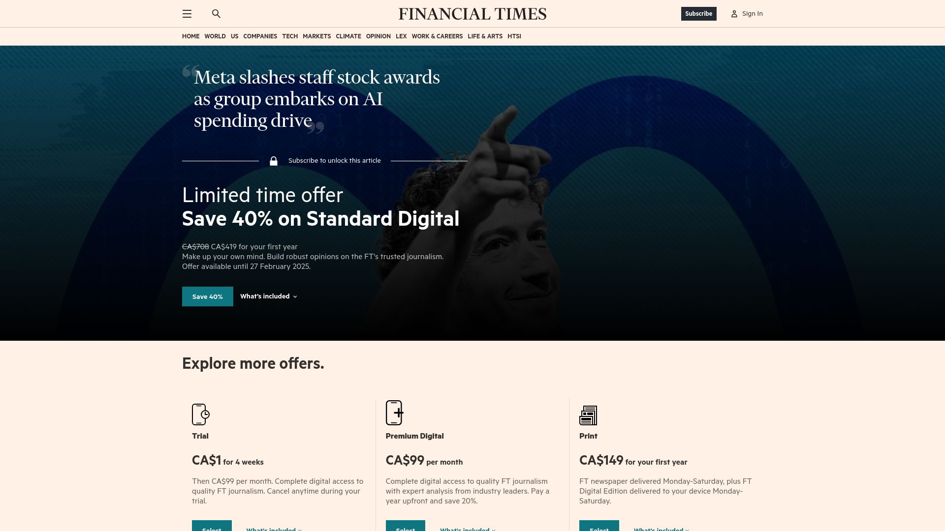 Screenshot of ft.com: Meta slashes staff stock awards as group embarks on AI spending drive
