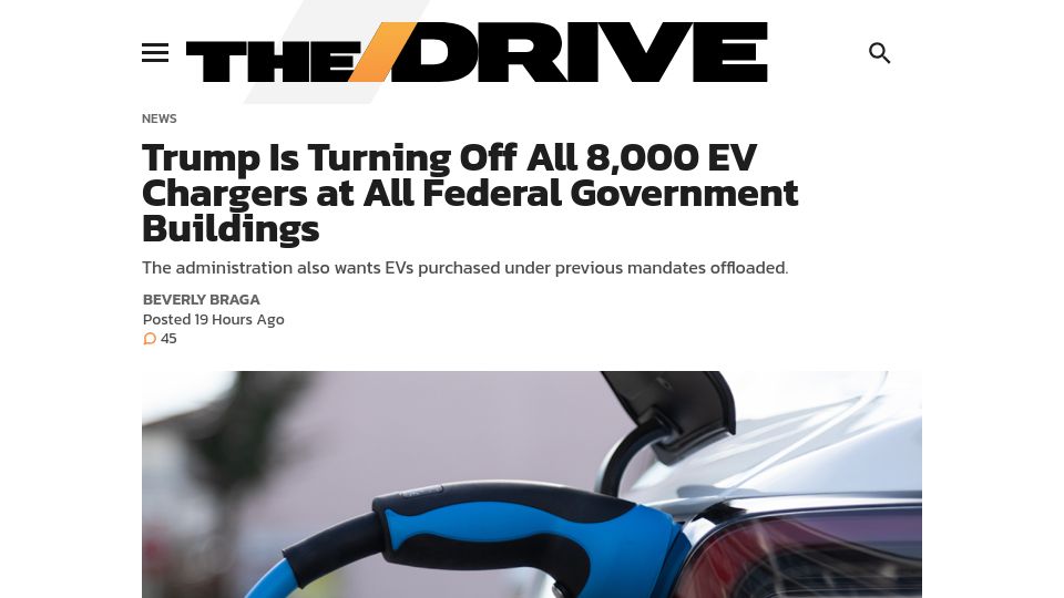 Screenshot of thedrive.com: Turning Off All 8k EV Chargers at All Federal Government Buildings