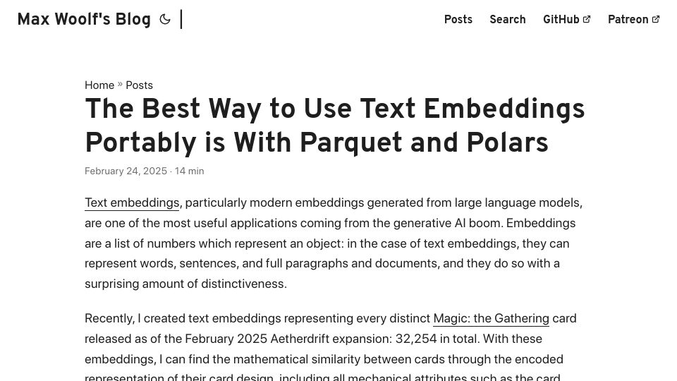 Screenshot of minimaxir.com: The best way to use text embeddings portably is with Parquet and Polars