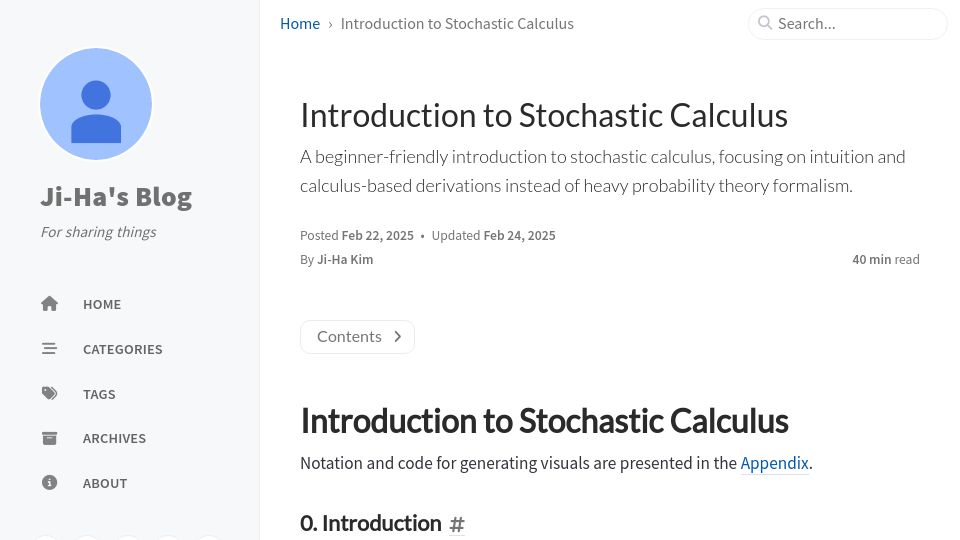 Screenshot of jiha-kim.github.io: Introduction to Stochastic Calculus