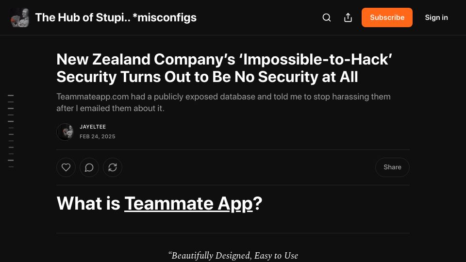 Screenshot of jltee.substack.com: 'Impossible-to-Hack' Security Turns Out to Be No Security at All