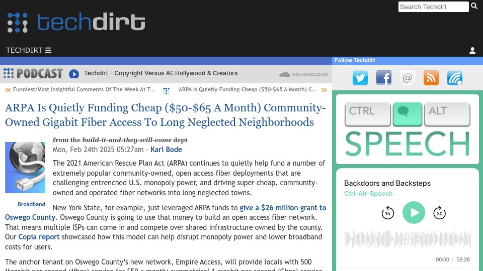 Screenshot of techdirt.com: ARPA is funding cheap community-owned gigabit fiber to neglected neighborhoods