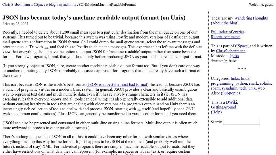 Screenshot of utcc.utoronto.ca: JSON has become today's machine-readable output format (on Unix)