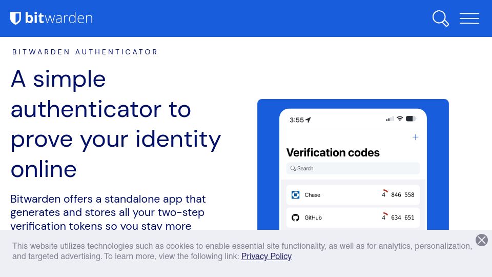 Screenshot of bitwarden.com: Bitwarden Authenticator