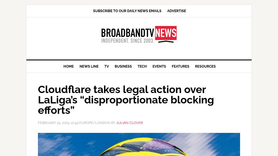 Screenshot of broadbandtvnews.com: Cloudflare takes legal action over LaLiga's "disproportionate blocking efforts"