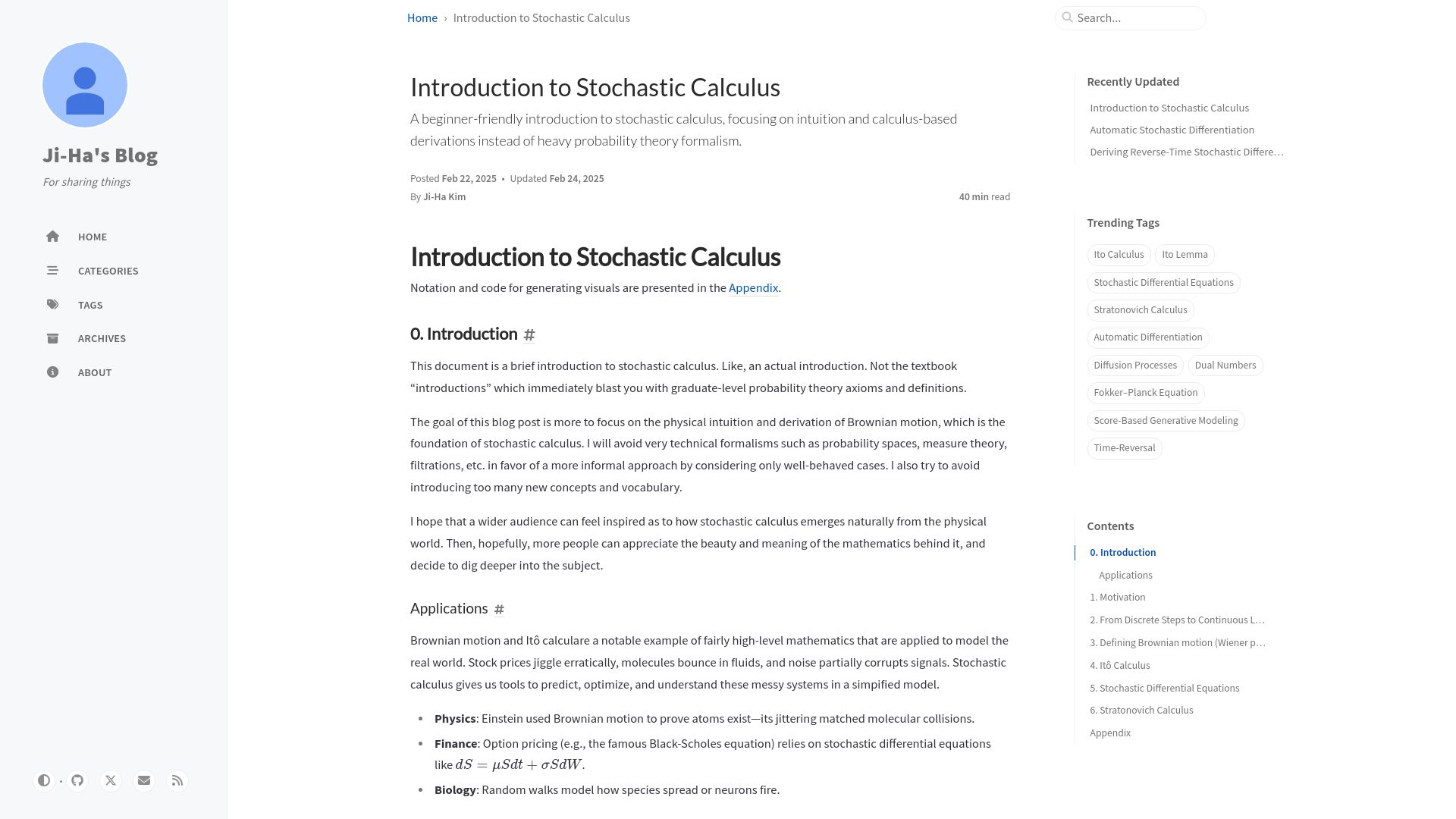 Screenshot of jiha-kim.github.io: Introduction to Stochastic Calculus
