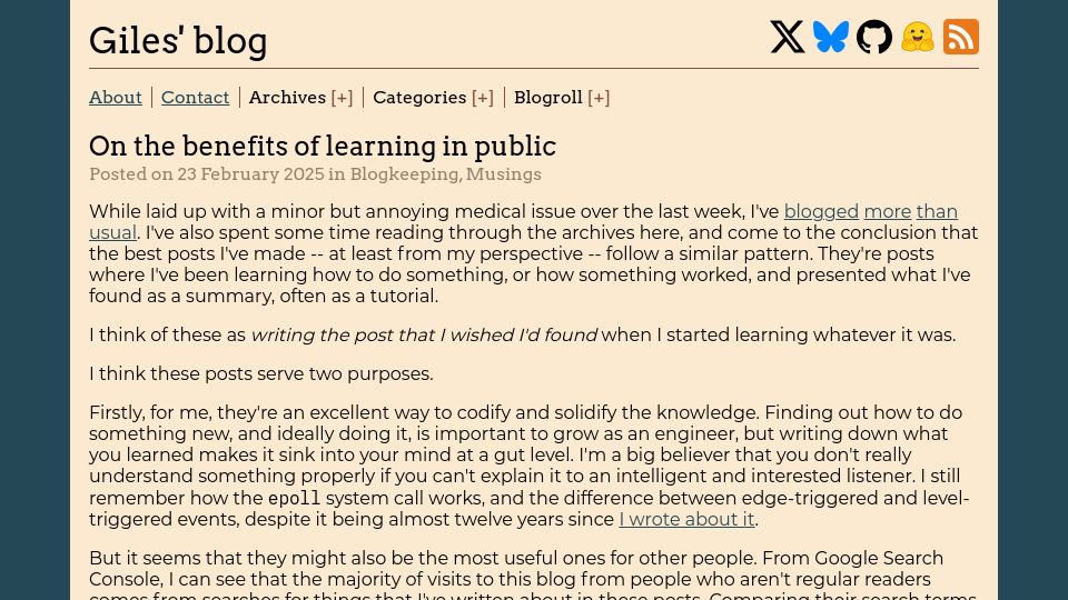 Screenshot of gilesthomas.com: The benefits of learning in public