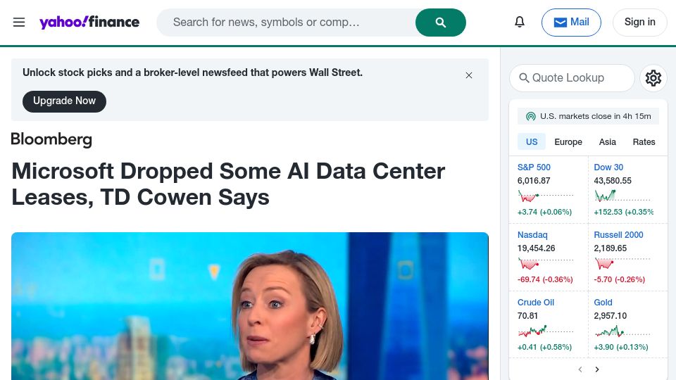 Screenshot of finance.yahoo.com: Microsoft Cancels Leases for AI Data Centers, Analyst Says