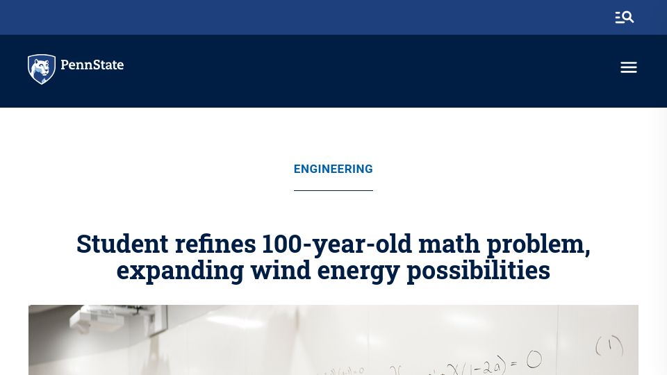 Screenshot of psu.edu: Student refines 100-year-old math problem, expanding wind energy possibilities