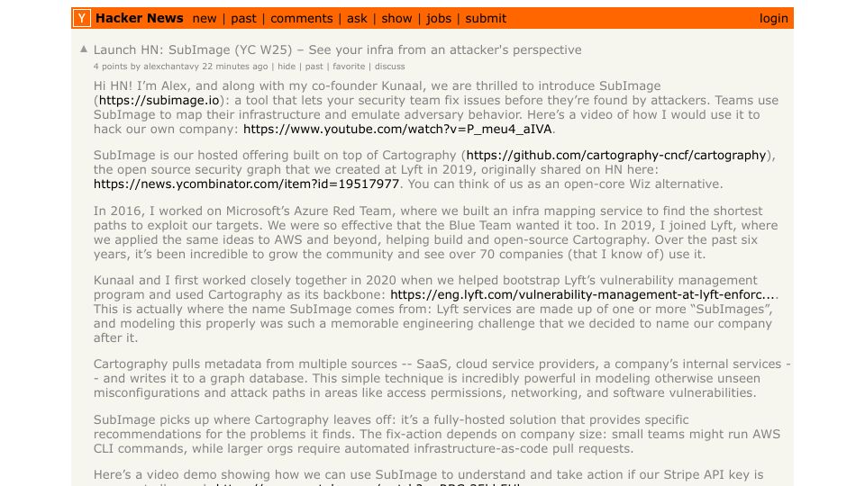 Screenshot of Hacker News post: Launch HN: SubImage (YC W25) – See your infra from an attacker's perspective