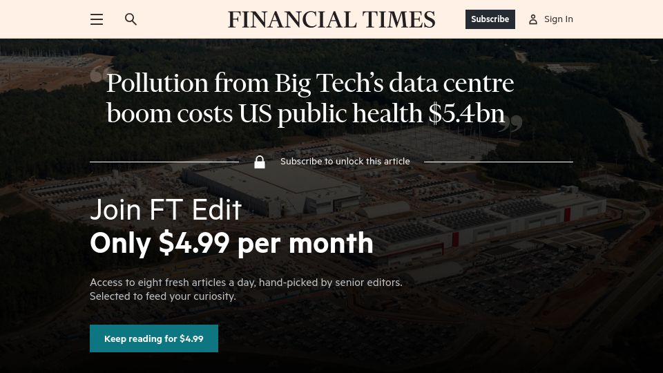 Screenshot of ft.com: Pollution from Big Tech's data centre boom costs US public health $5.4bn