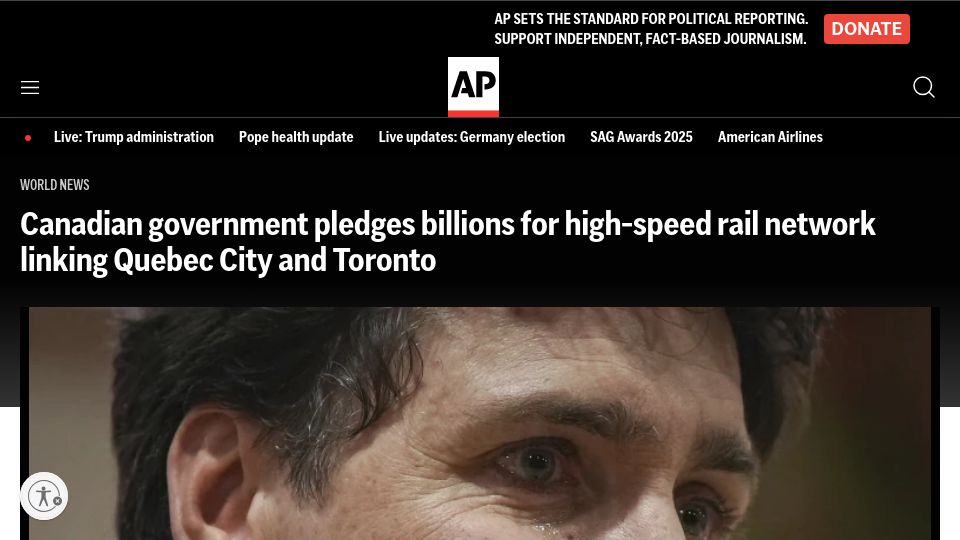 Screenshot of apnews.com: Canada pledges billions for high-speed rail linking Quebec City and Toronto