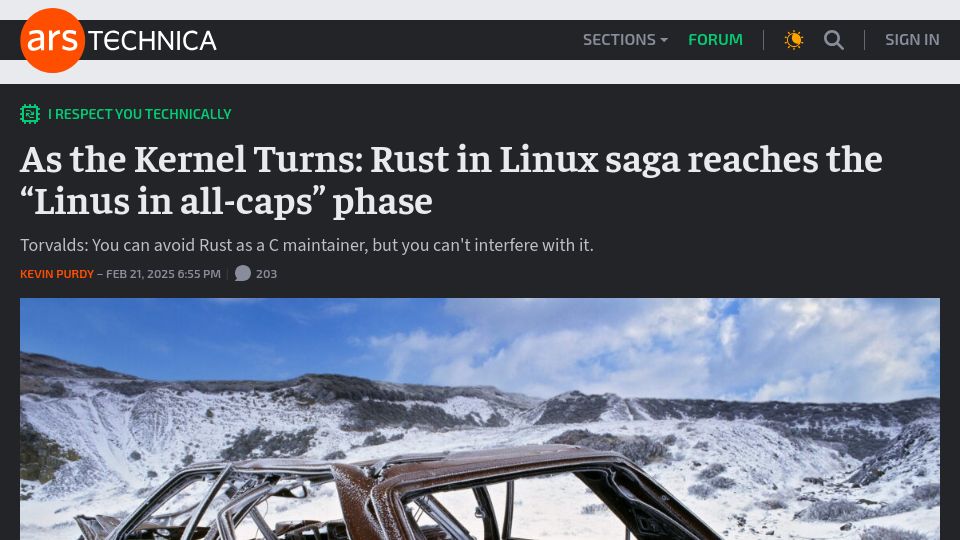 Screenshot of arstechnica.com: Torvalds: You can avoid Rust as a C maintainer, but you can't interfere with it
