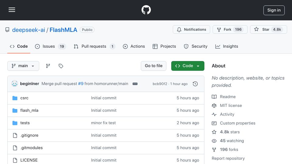 Screenshot of github.com: DeepSeek Open Source FlashMLA – MLA Decoding Kernel for Hopper GPUs