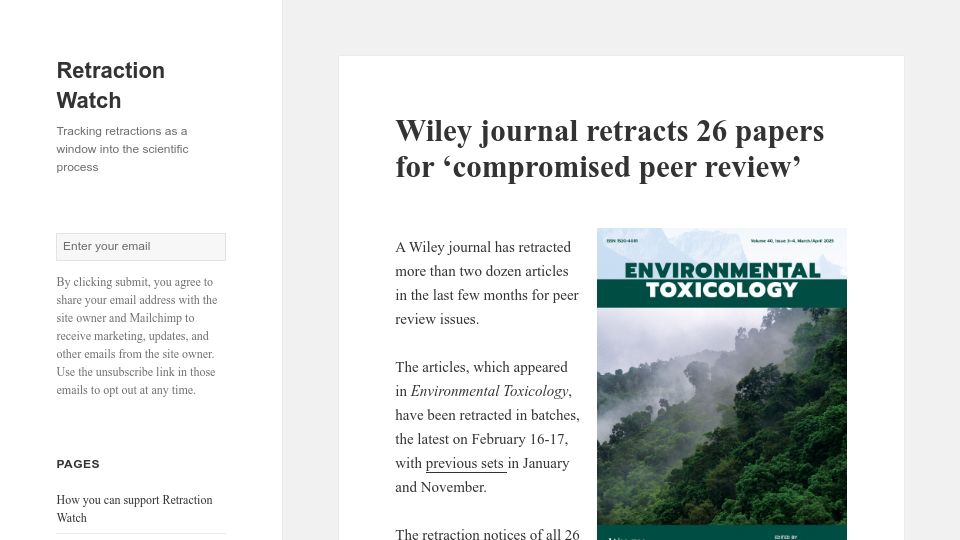 Screenshot of retractionwatch.com: Wiley journal retracts 26 papers for 'compromised peer review'