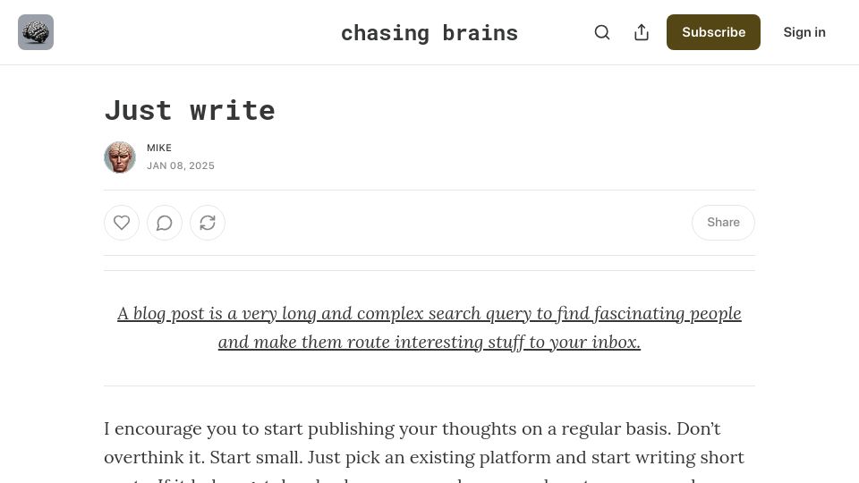 Screenshot of blog.chasingbrains.co: Just Write