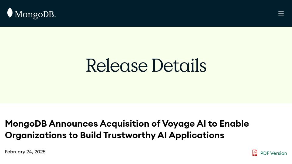 Screenshot of investors.mongodb.com: MongoDB acquires Voyage AI