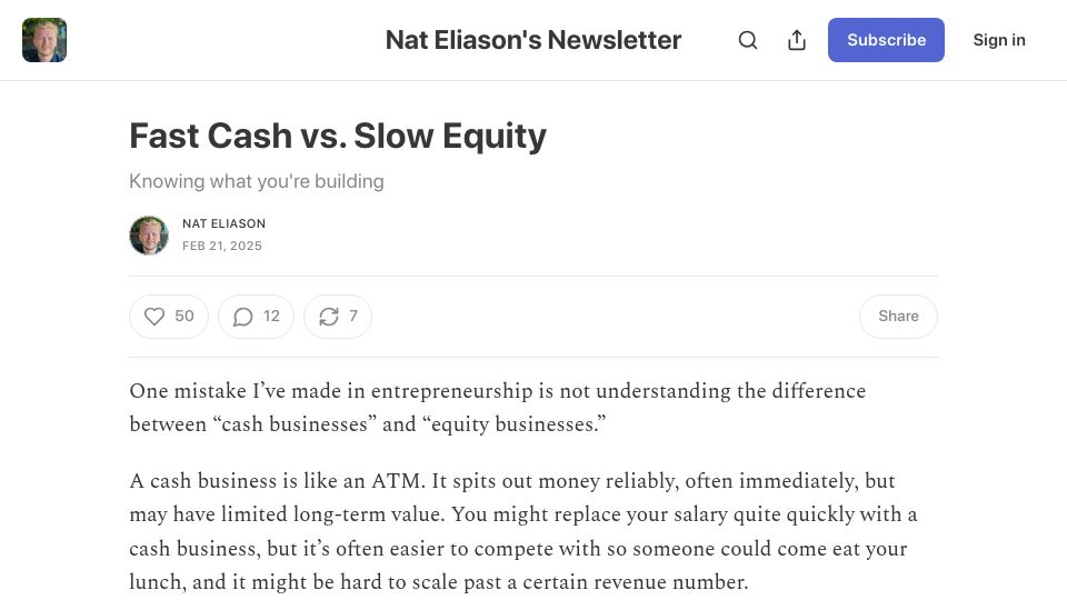 Screenshot of blog.nateliason.com: Fast Cash vs. Slow Equity