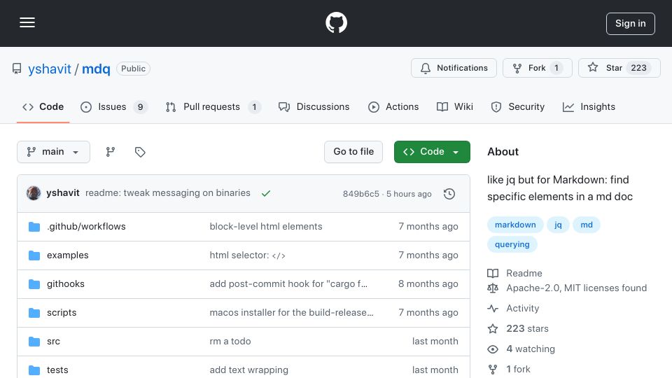 Screenshot of github.com: Show HN: Jq-Like Tool for Markdown