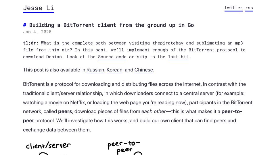 Screenshot of blog.jse.li: Building a BitTorrent client from the ground up in Go (2020)