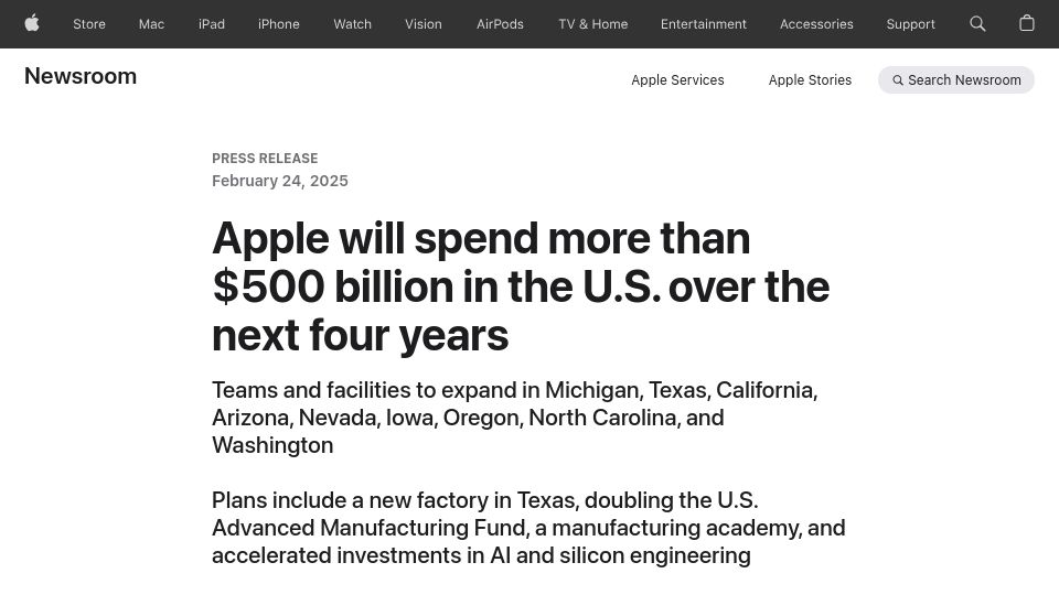 Screenshot of apple.com: Apple will spend more than $500B in the U.S. over the next four years