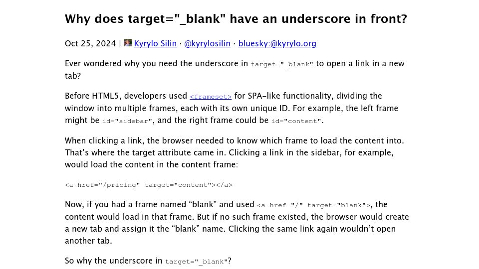 Screenshot of kyrylo.org: Why does target="_blank" have an underscore in front? (2024)