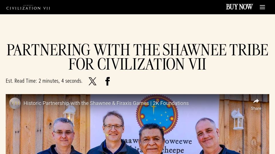 Screenshot of civilization.2k.com: Partnering with the Shawnee Tribe for Civilization VII
