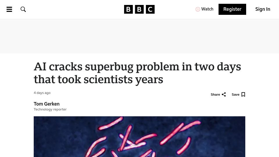 Screenshot of bbc.co.uk: AI cracks superbug problem in two days that took scientists years