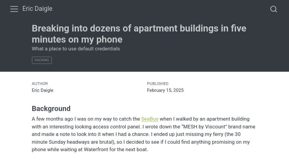 Screenshot of ericdaigle.ca: Breaking into apartment buildings in five minutes on my phone