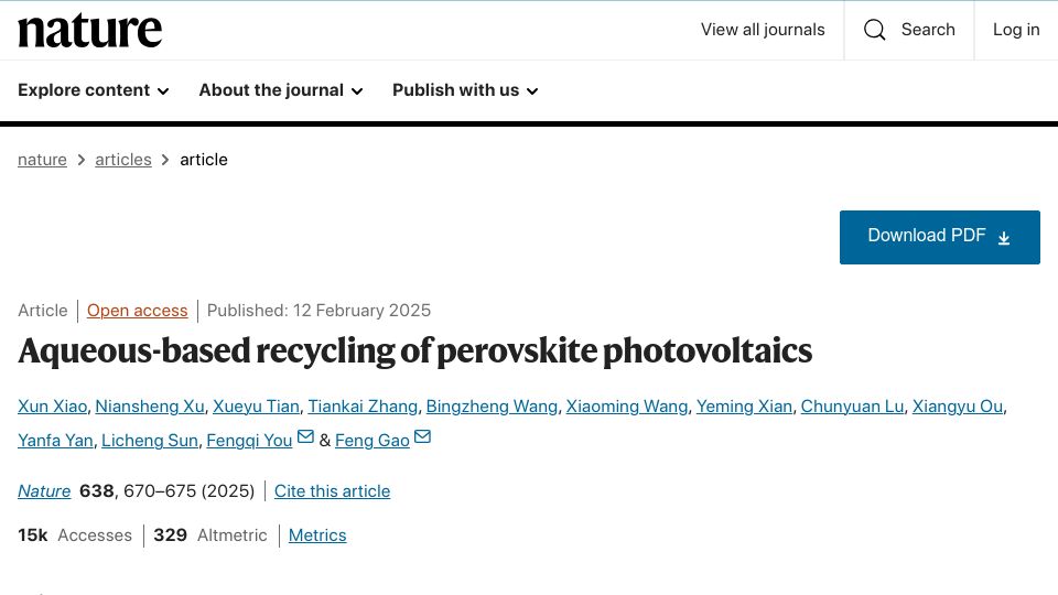 Screenshot of nature.com: Aqueous-based recycling of perovskite photovoltaics