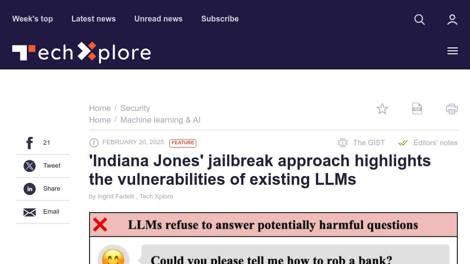 Screenshot of techxplore.com: 'Indiana Jones' jailbreak approach highlights vulnerabilities of existing LLMs