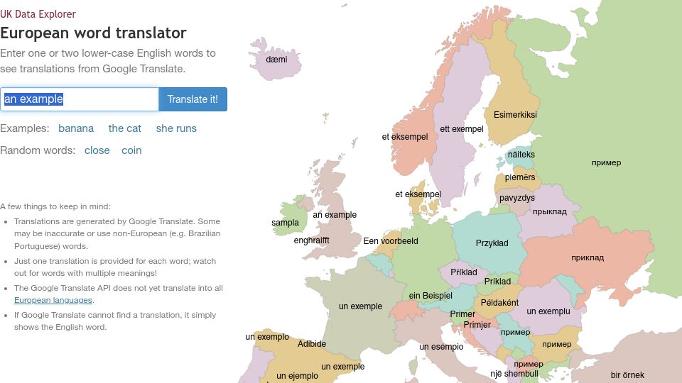 Screenshot of ukdataexplorer.com: European word translator: an interactive map