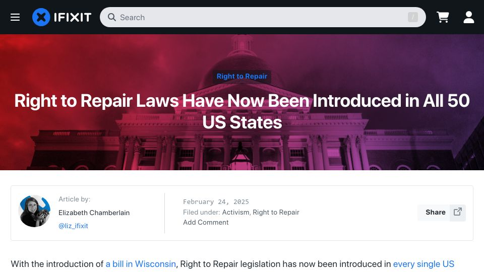 Screenshot of ifixit.com: Right to Repair laws have now been introduced in all U.S. states