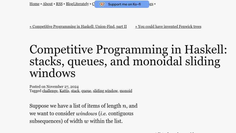 Screenshot of byorgey.github.io: Purely Functional Sliding Window Aggregation Algorithm
