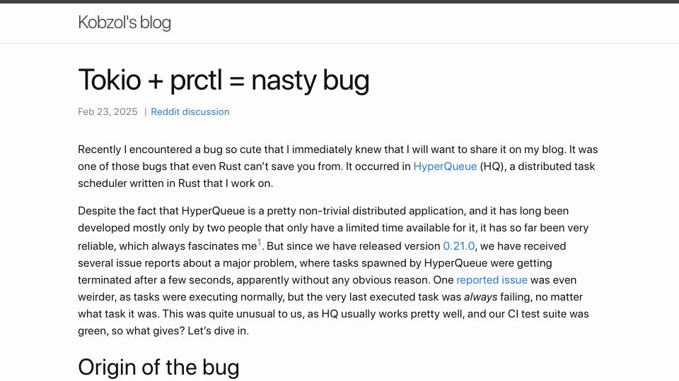 Screenshot of kobzol.github.io: Tokio and Prctl = Nasty Bug