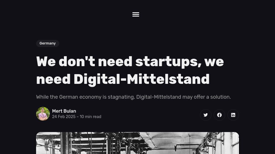 Screenshot of mertbulan.com: We don't need startups, we need Digital-Mittelstand
