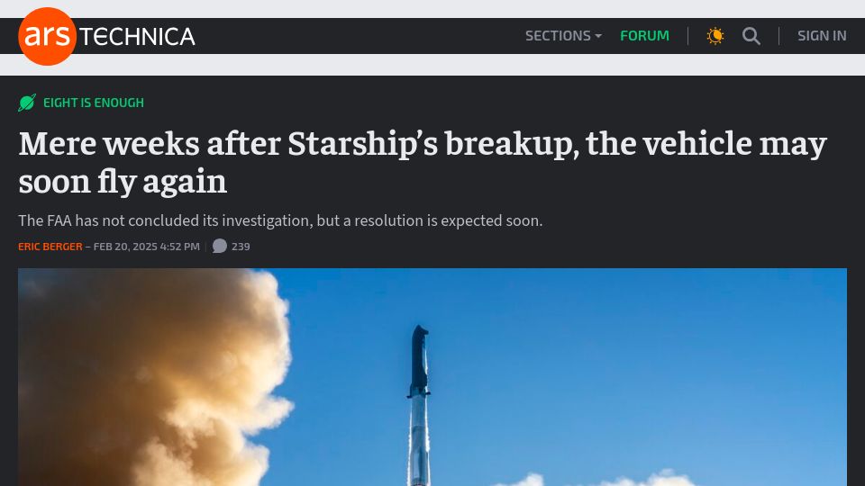 Screenshot of arstechnica.com: Mere weeks after Starship's breakup, the vehicle may soon fly again
