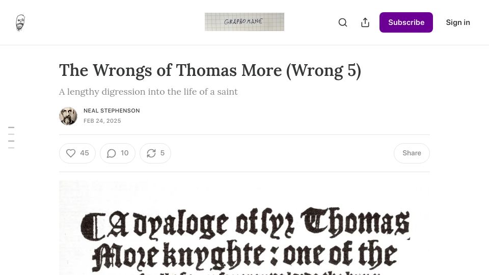 Screenshot of nealstephenson.substack.com: The Wrongs of Thomas More