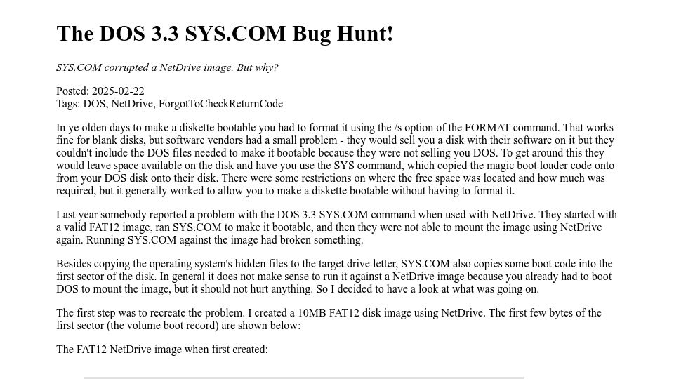 Screenshot of brutman.com: The DOS 3.3 sys.com bug hunt