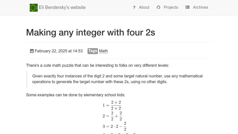 Screenshot of eli.thegreenplace.net: Making any integer with four 2s