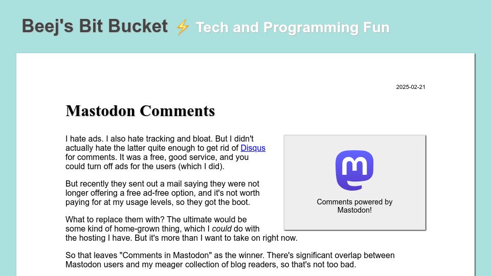 Screenshot of beej.us: Adding Mastodon Comments to Your Blog