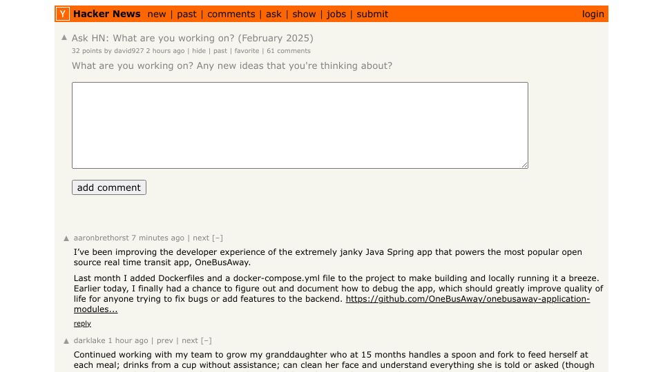 Screenshot of Hacker News post: Ask HN: What are you working on? (February 2025)