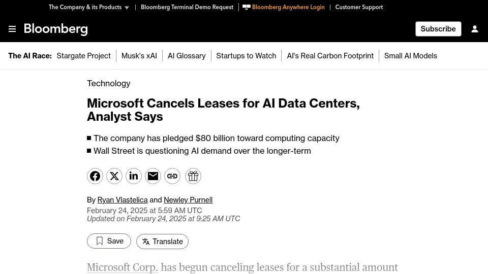 Screenshot of bloomberg.com: Microsoft cancels leases for AI data centers, analyst says