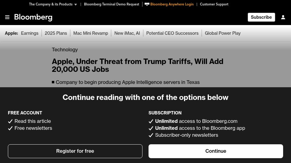Screenshot of bloomberg.com: Apple says it will add 20k jobs, spend $500B, produce AI servers in US