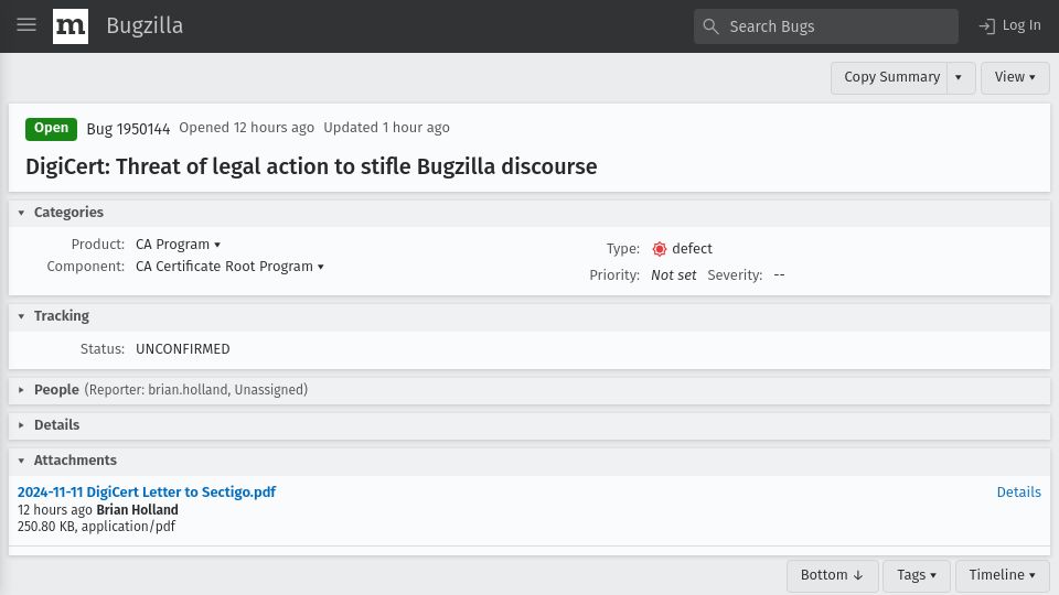 Screenshot of bugzilla.mozilla.org: DigiCert: Threat of legal action to stifle Bugzilla discourse