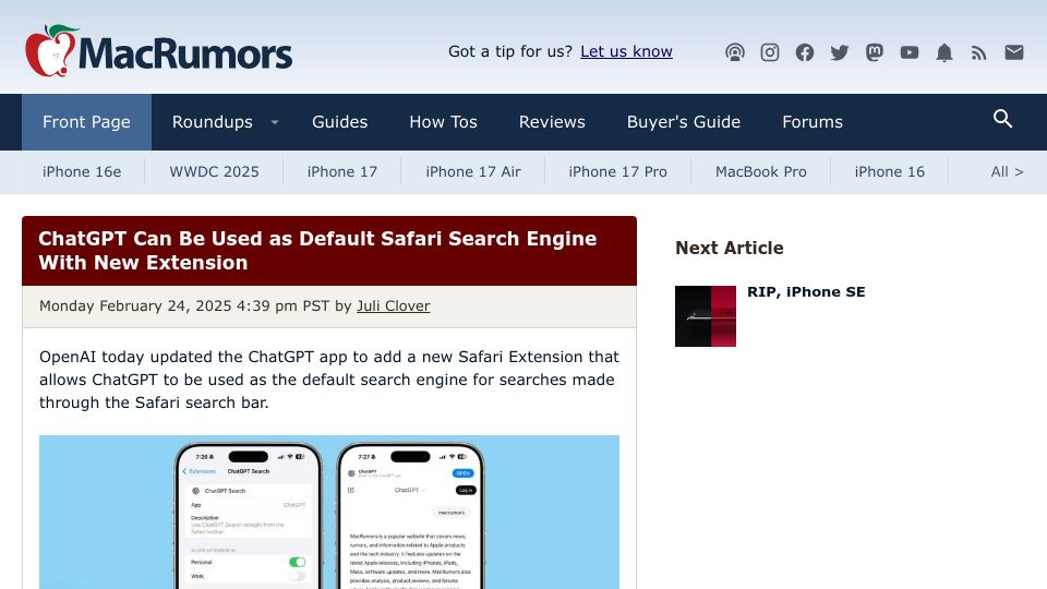 Screenshot of macrumors.com: ChatGPT Can Be Used as Default Safari Search Engine with New Extension