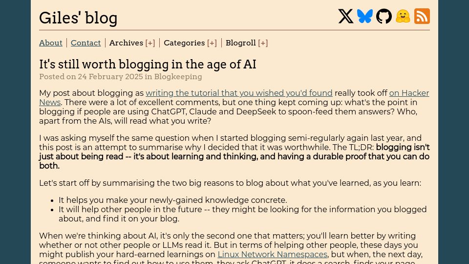 Screenshot of gilesthomas.com: It’s still worth blogging in the age of AI