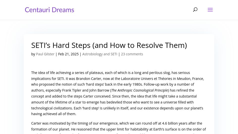 Screenshot of centauri-dreams.org: SETI's hard steps and how to resolve them