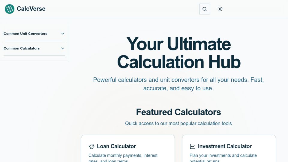 Screenshot of calcverse.live: Show HN: While the world builds AI Agents, I'm just building calculators
