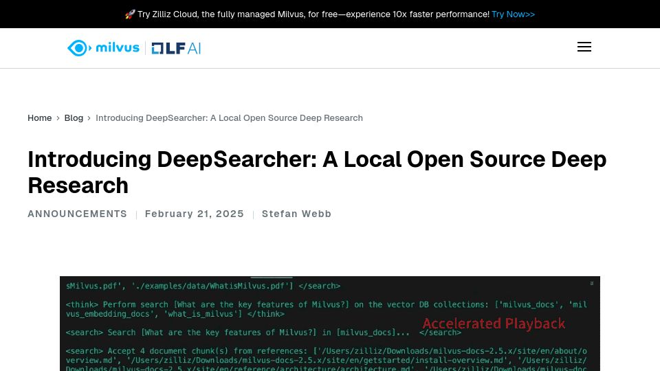 Screenshot of milvus.io: DeepSearcher: A local open-source Deep Research